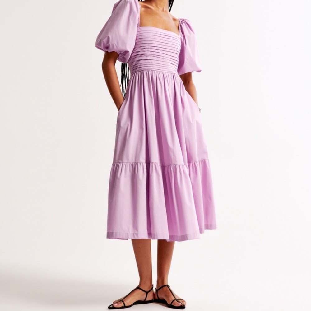 Abercrombie & Fitch Purple Pleated Puff Sleeve Midi Dress